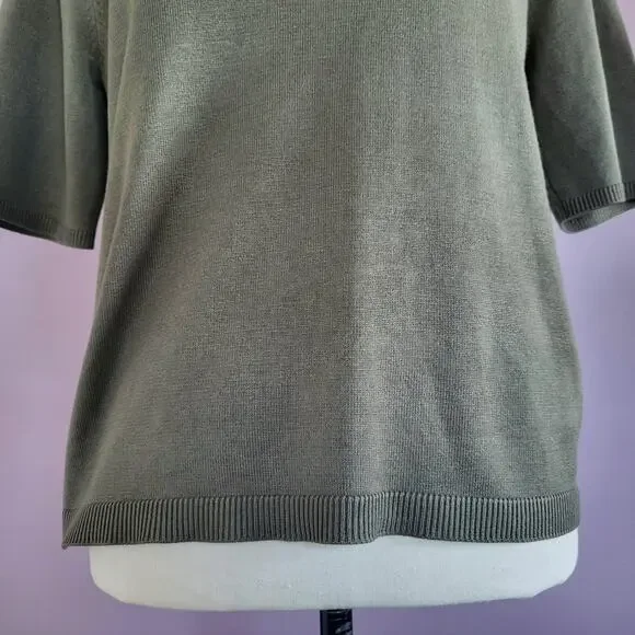 NWT DKNY Jeans Olive Green Short Sleeve Mock Neck Rhinestone Logo Knit Top - Picture 4 of 12